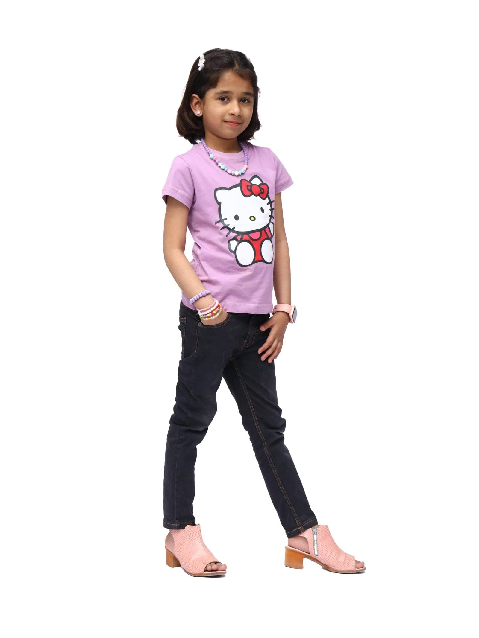 Hello Kitty (Purple) T-Shirt With Brownish Black Denim Faded D32