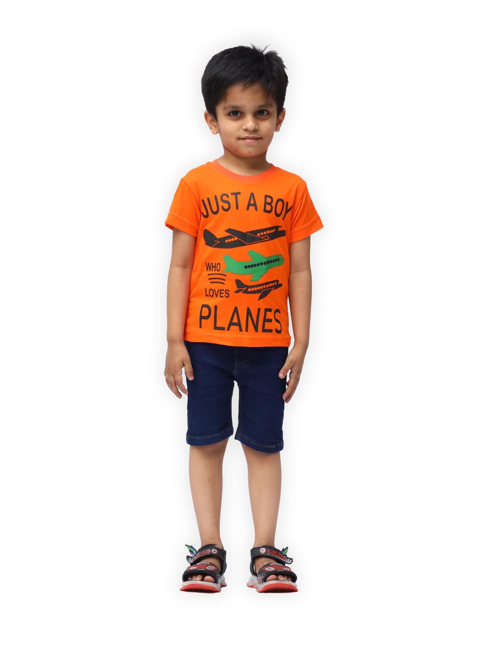 Orange Planes T-Shirt With Dark Blue Denim Short S05