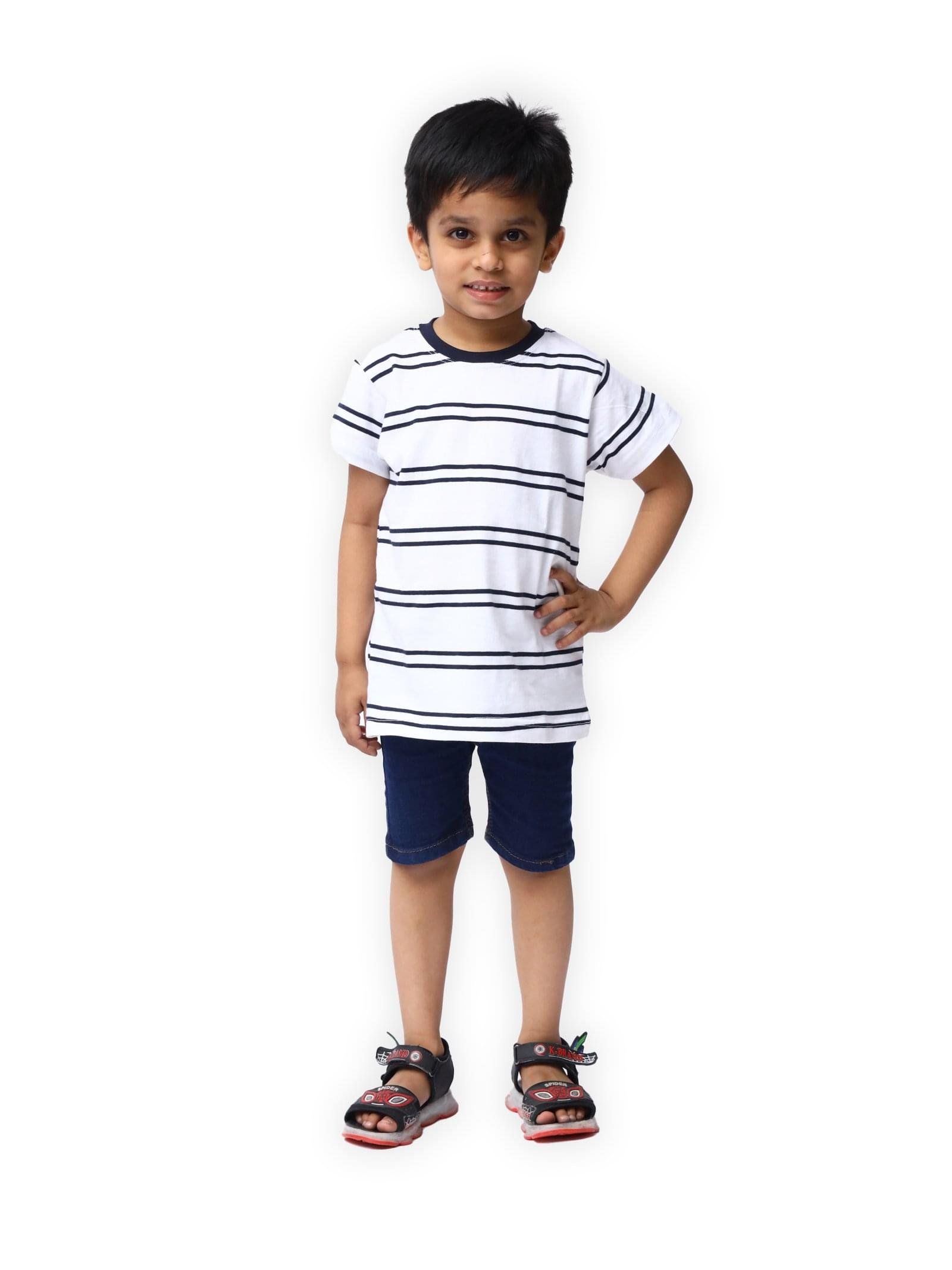 Navy White Stripes T-Shirt With Dark Blue Denim Short S05