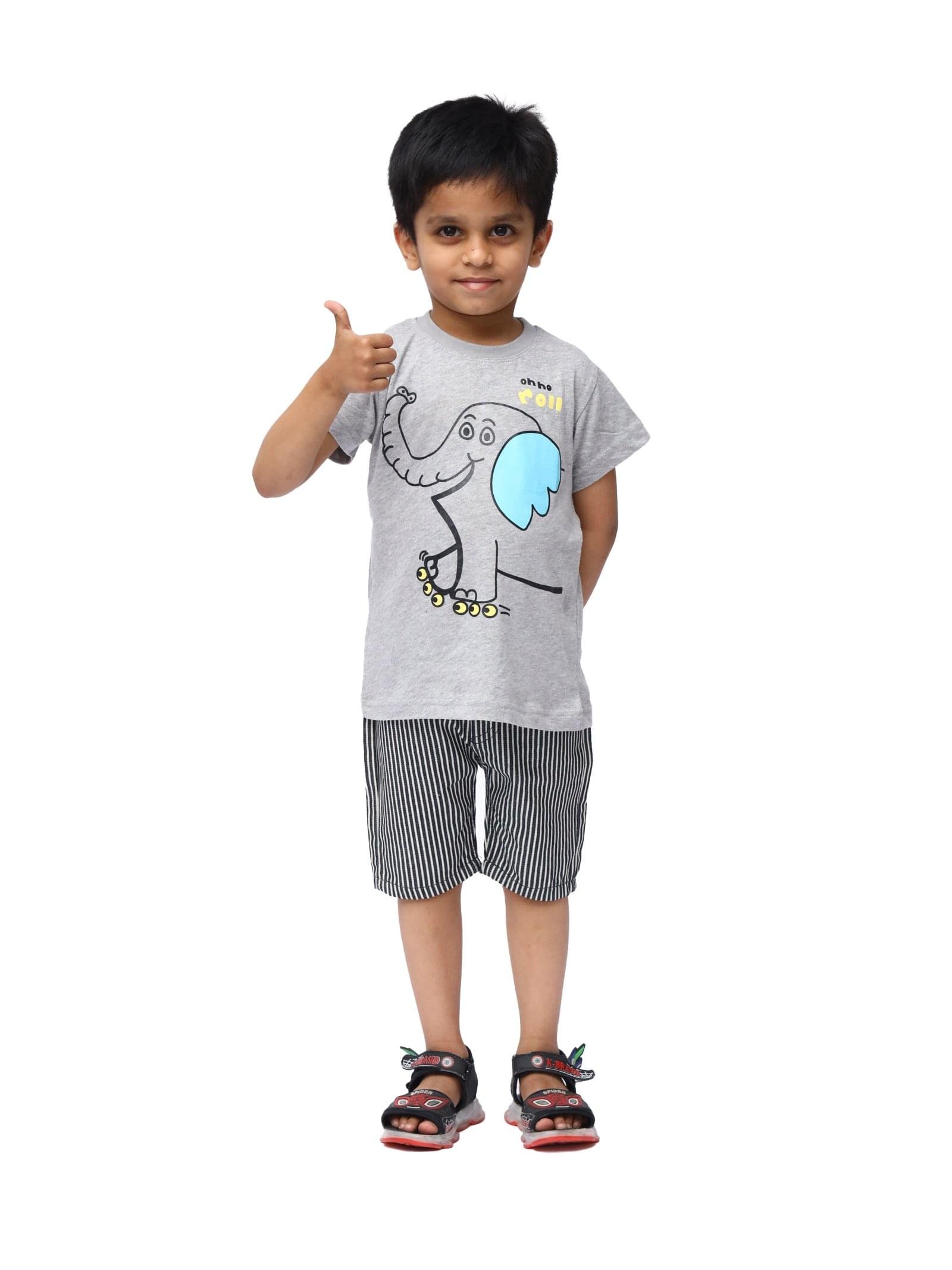 Elephant (Grey) T-Shirt With Black & White Stripes Denim Short S04